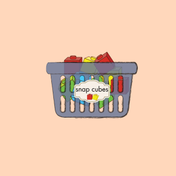 alt tag: a basket with snap cubes inside, labeled with the word "snap cubes" on the outside and an image of the contents