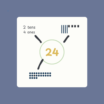 the number 24 is in a circle and there are lines pointed to different forms or 24: the words 2 tens and 4 ones, 24 dots, and 2 ten sticks and 4 ones cubes