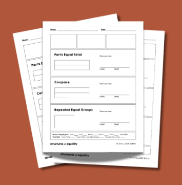 SoE work mat with 3 empty boxes at the top for number stories and blank Parts Equal Total, Compare, and Repeated Equal Groups structures underneath