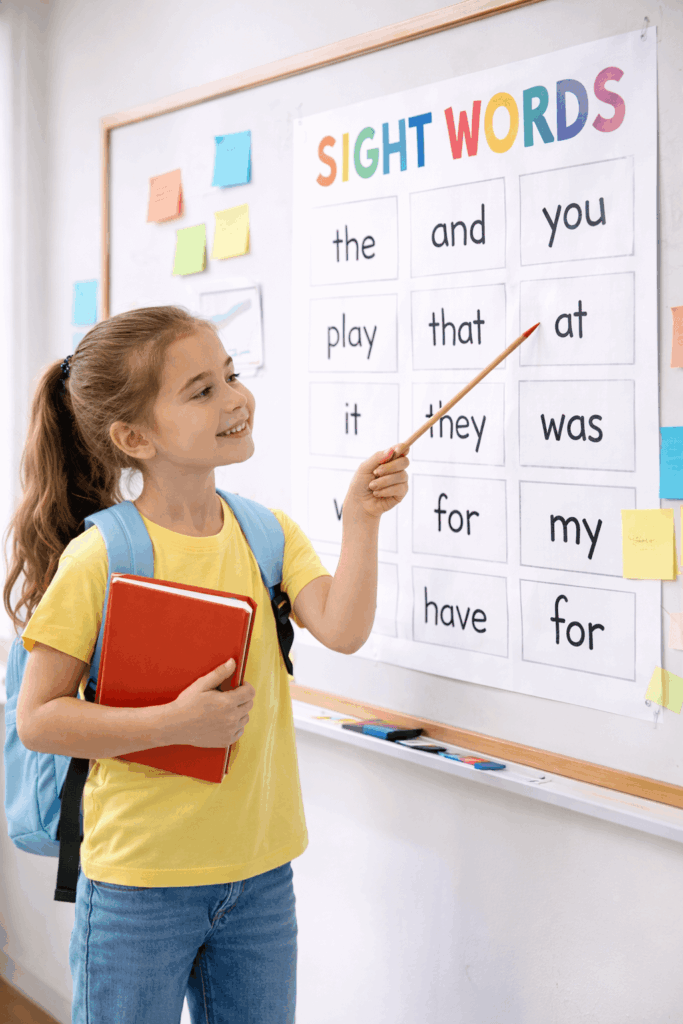 A student is standing in front of a chart of sight words. As a student engagement strategy she's using a pointer as she reads each one.